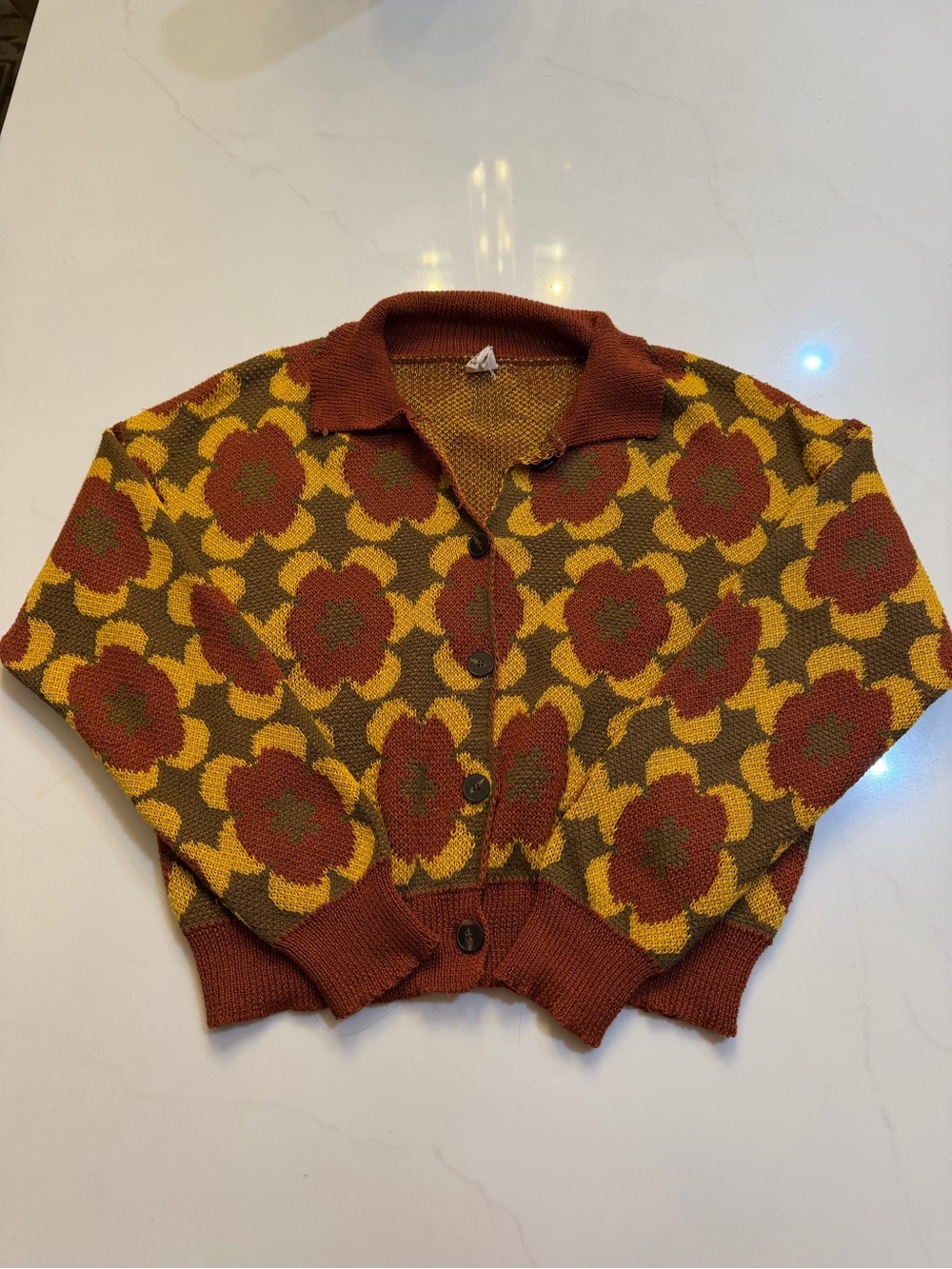 Floral Knit Button-Up Cardigan Sweater in Rust and Mustard